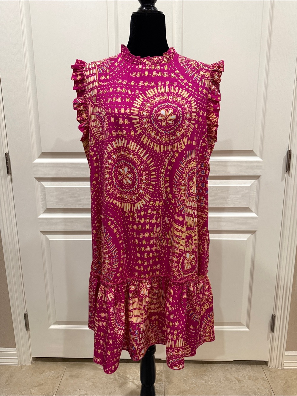 SHEIN Magenta and Gold Printed Ruffle-Hem Midi Dress